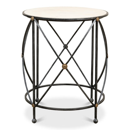 Drum & Fife Lamp Table Aged White Marble – front view