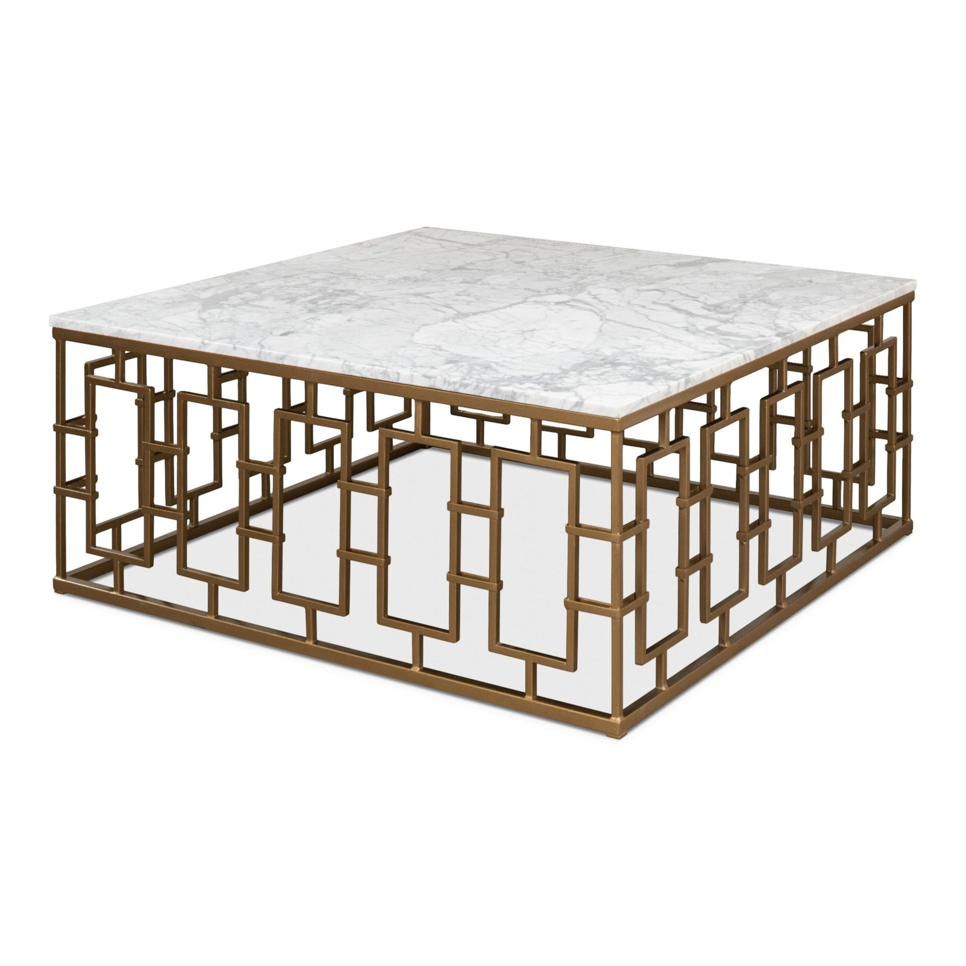 Brass Gate Cocktail Table with White Marble – front view