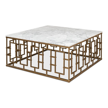 Brass Gate Cocktail Table with White Marble – front view