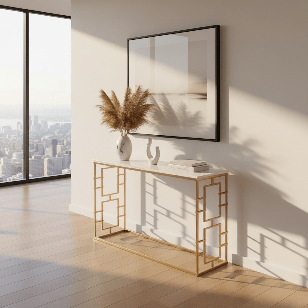 Brass Gate Console Table – brass and marble console table by Sarreid Ltd