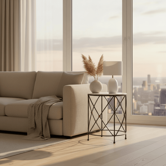 Drum & Fife Lamp Table Aged White Marble – white marble side table by Sarreid Ltd