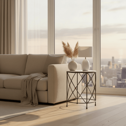 Drum & Fife Lamp Table Aged White Marble styled in modern living space