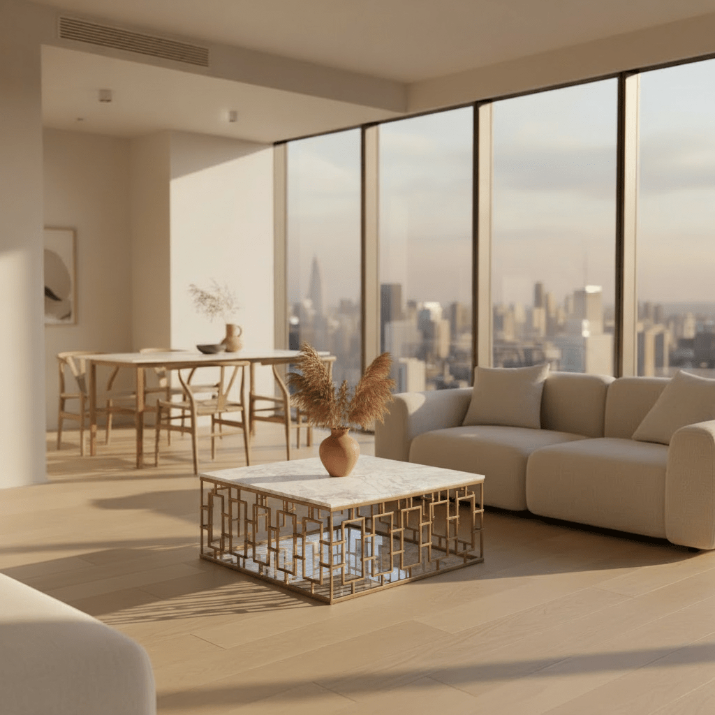 Brass Gate Cocktail Table with White Marble styled in modern living space