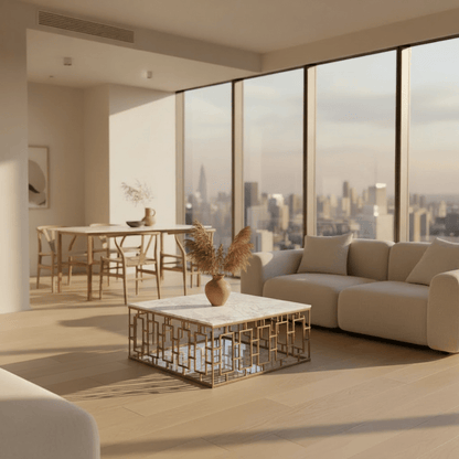 Brass Gate Cocktail Table with White Marble styled in modern living space