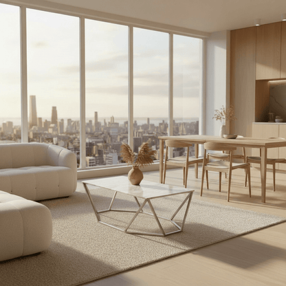 Trapezoid Coffee Table Marble Top styled in modern living space