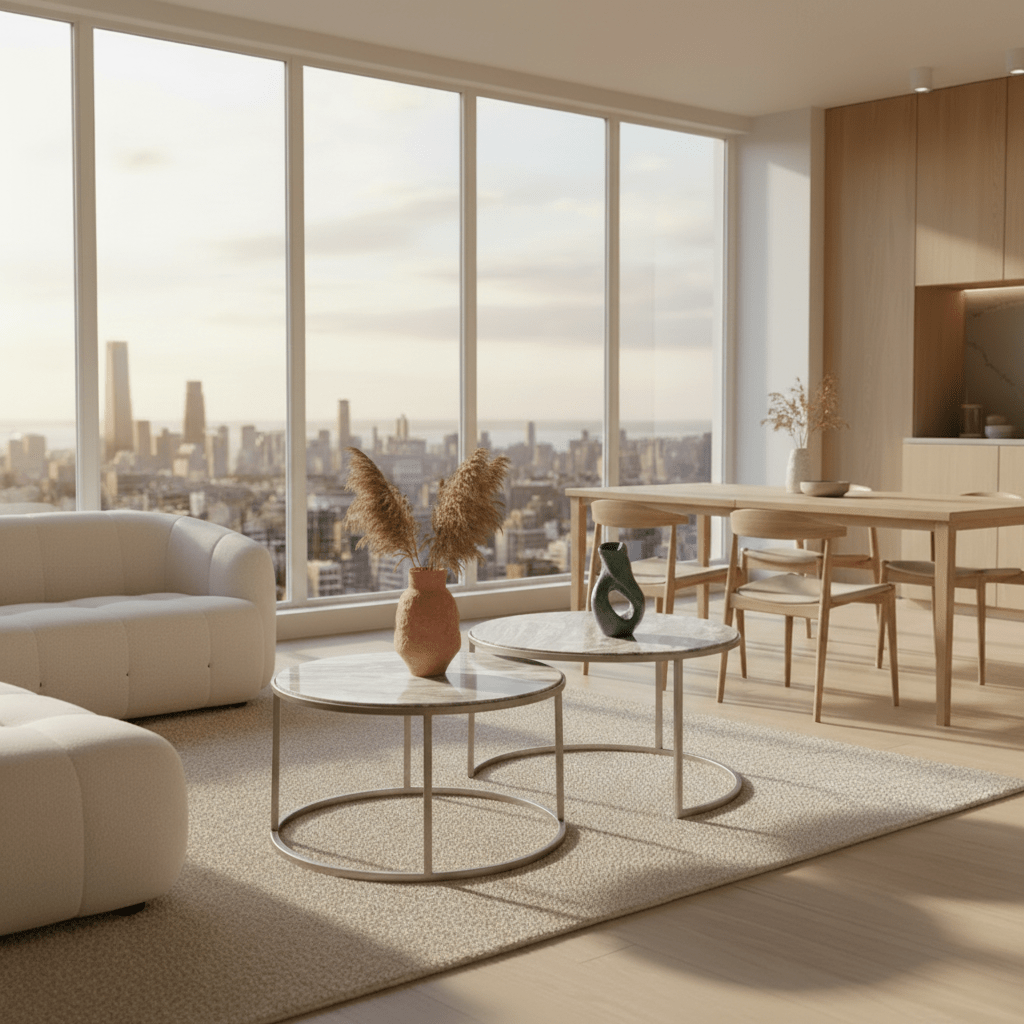 Set Of 2 Round Nesting Tables Marble Top styled in modern living space