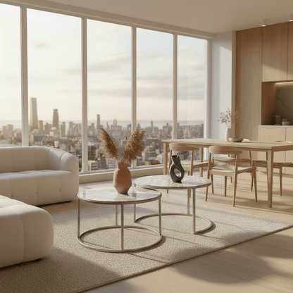 Set Of 2 Round Nesting Tables Marble Top styled in modern living space