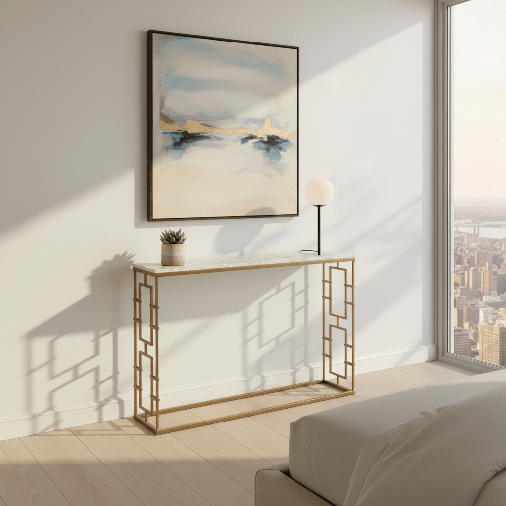 Brass Gate Console Table styled in modern living space