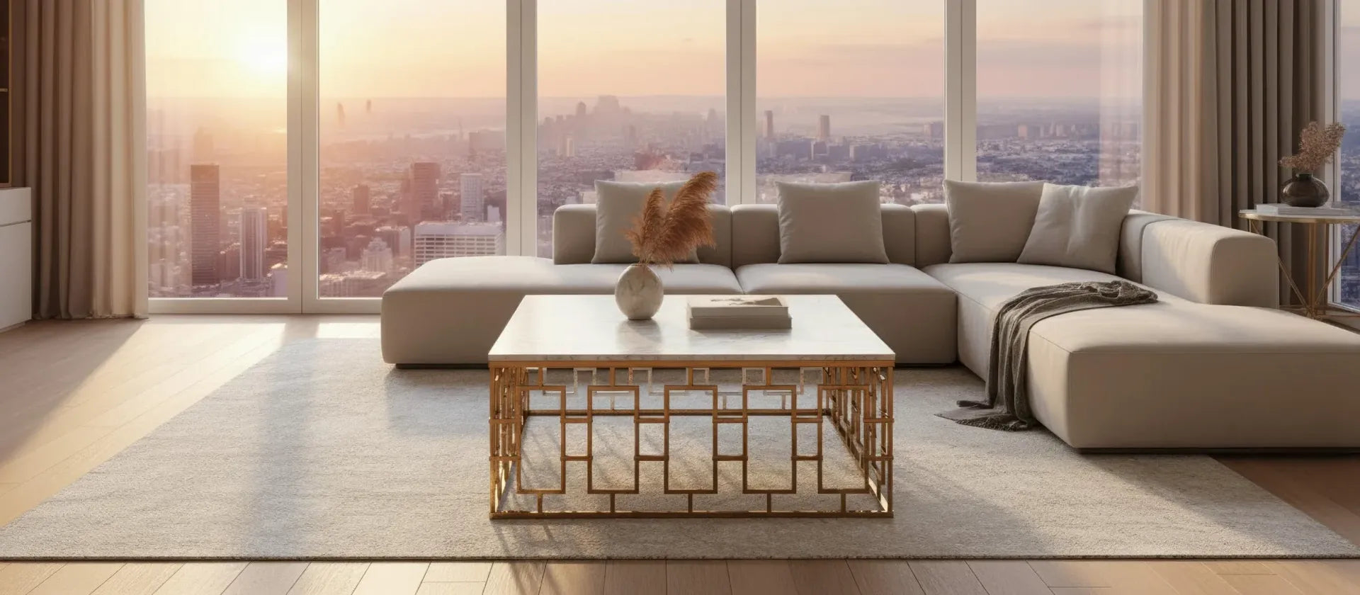Statement Furnishing marble coffee table in modern living room with cityscape view