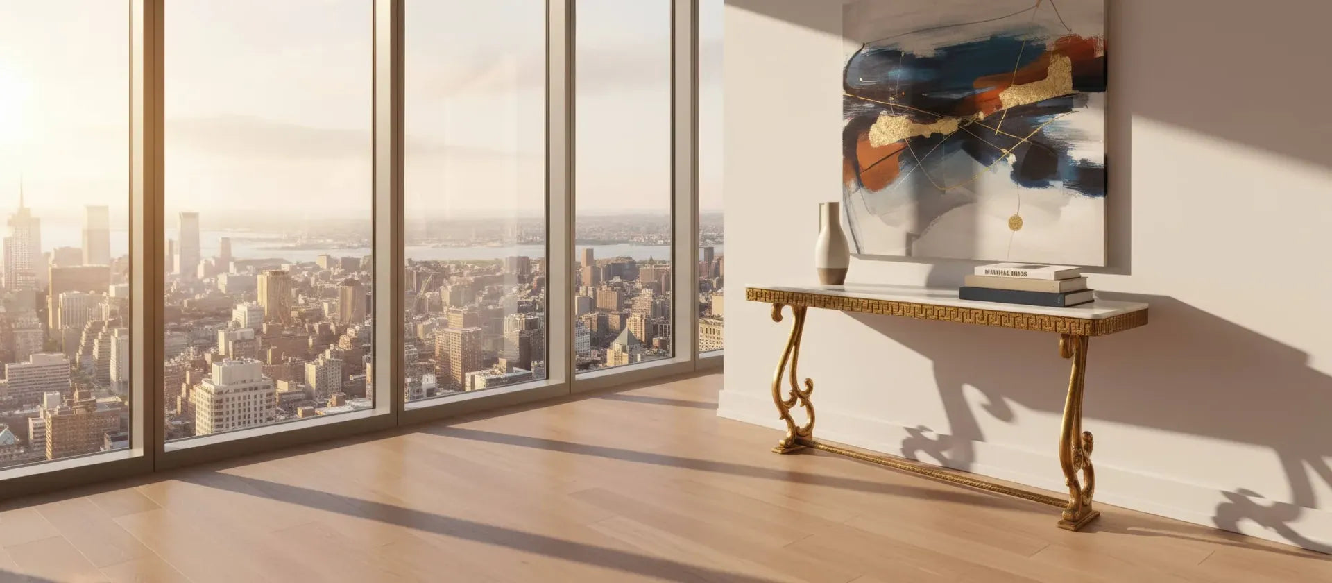 Statement Furnishing marble console table in modern entryway with city view