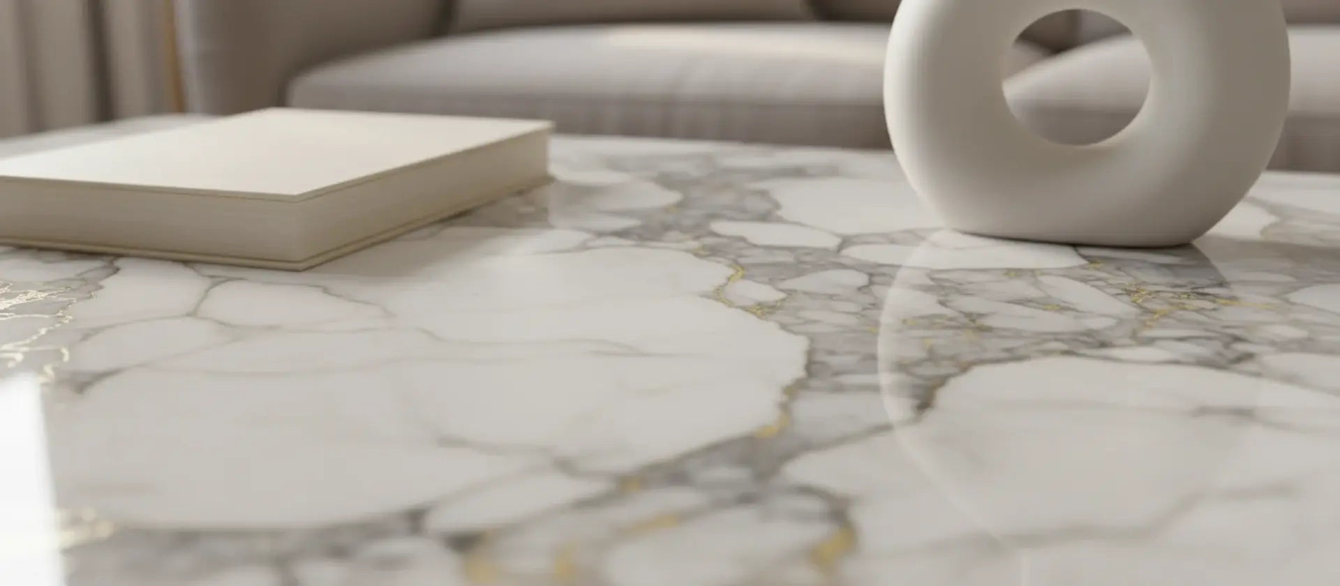 Close-up of polished marble table surface with natural grey veining and gold accents